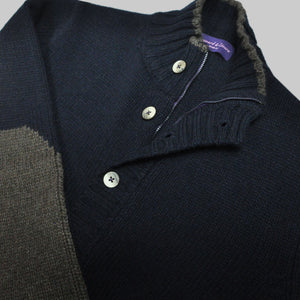 Chunky Yak's Wool Cardi in Navy with Brown Trim