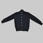 Chunky Yak's Wool Cardi in Navy with Brown Trim