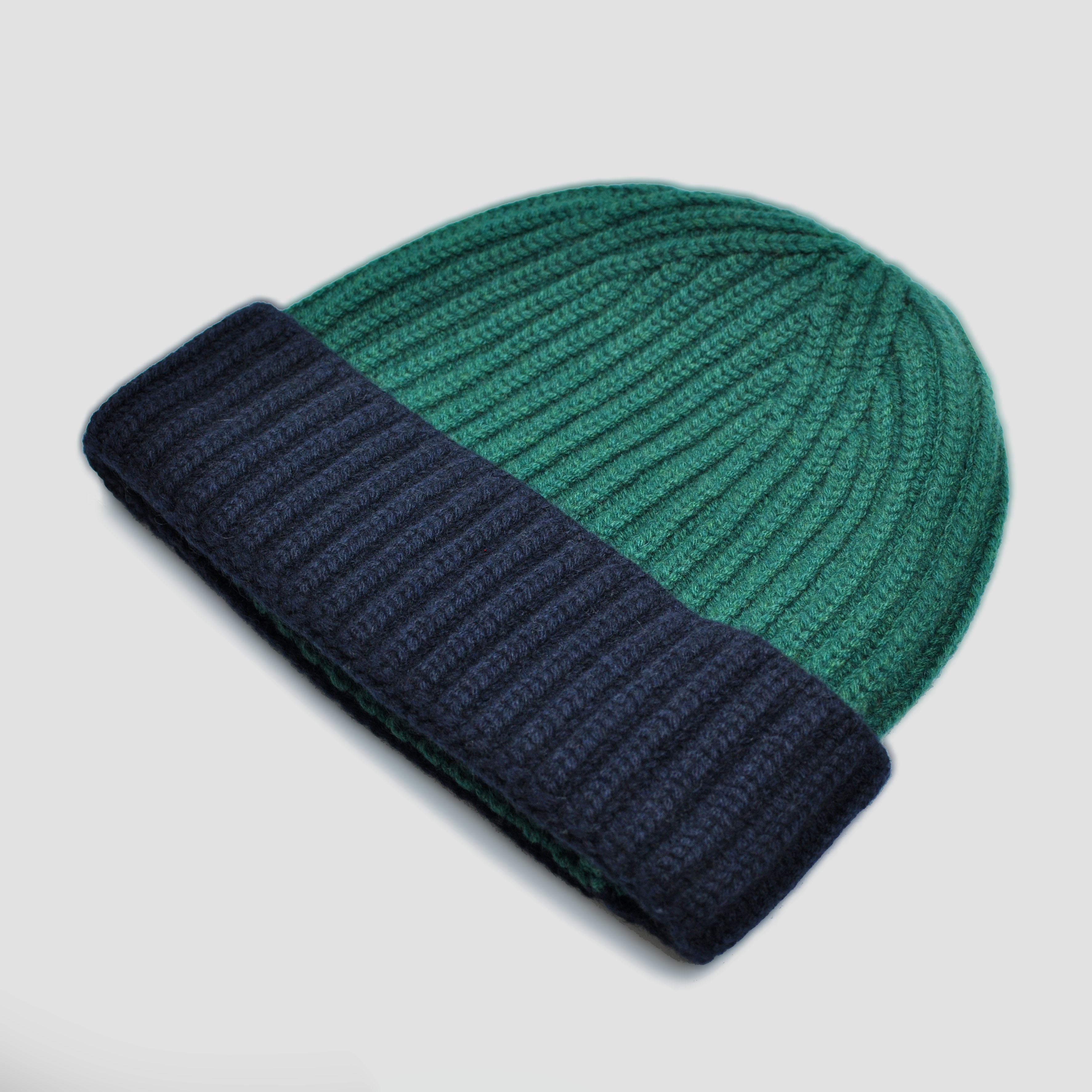 Four Ply Cashmere Winter Beanie in Green & Blue