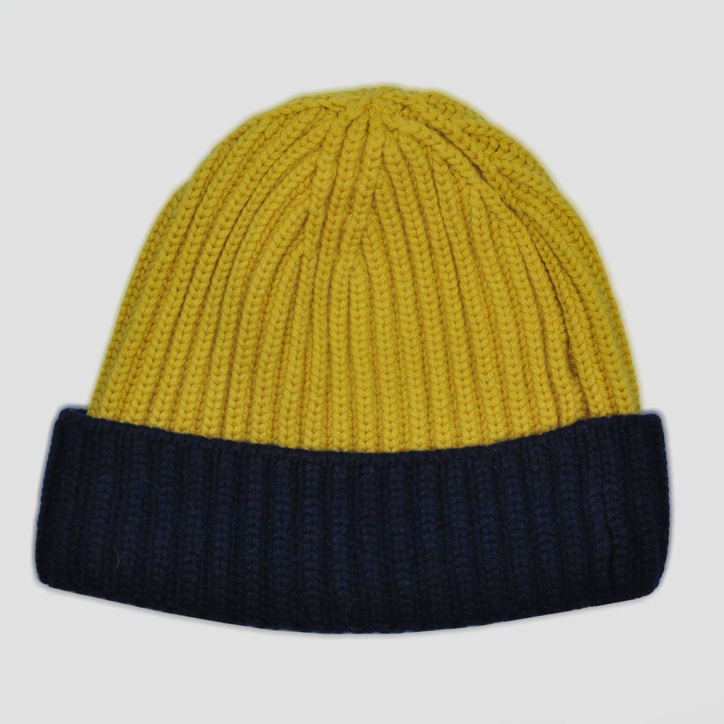 Four Ply Cashmere Winter Beanie in Yellow & Blue