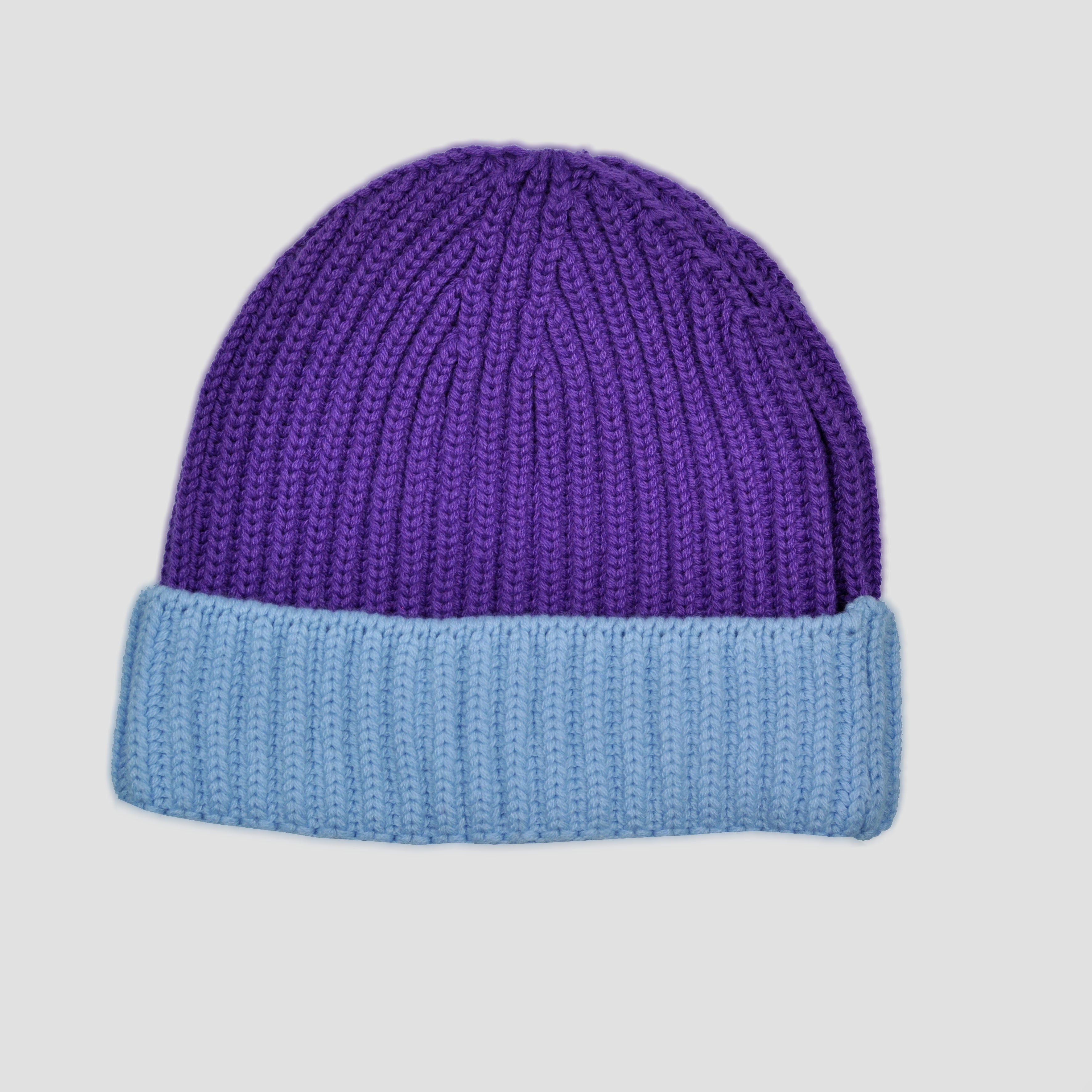 Four Ply Cashmere Winter Beanie in Purple & Light Blue