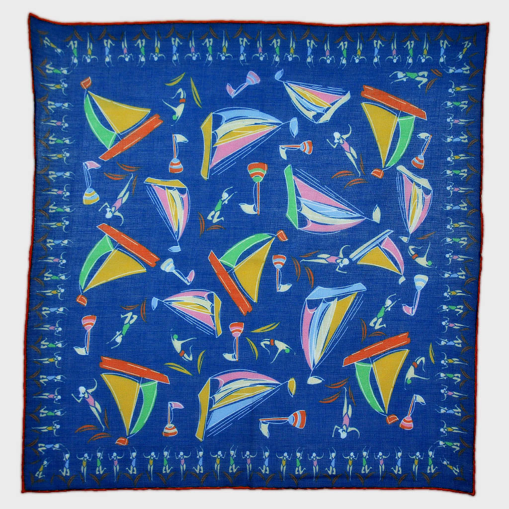 Boats & Bathers Cotton & Cashmere Pocket Square in Deep Ocean Blue