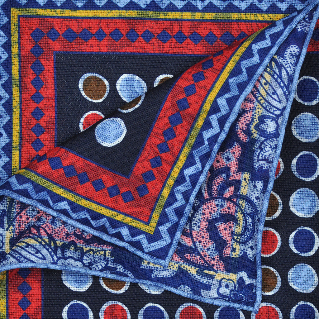 Dots & Paisley Reversible Panama Silk Pocket Square in Blues & Red