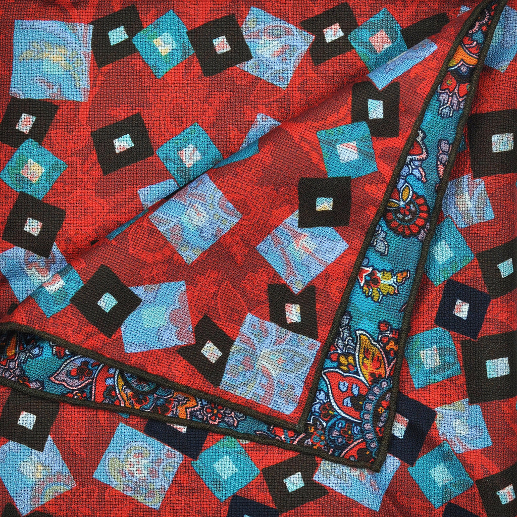 Squares & Paisley Reversible Panama Silk Pocket Square in Red & Teal