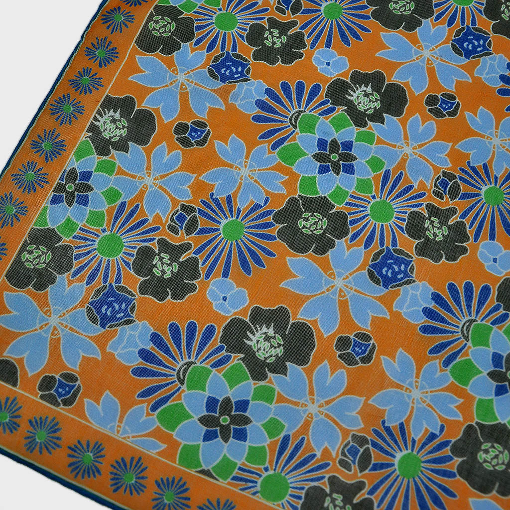Flower Garden Cotton & Cashmere Pocket Square in Ochre & Blue