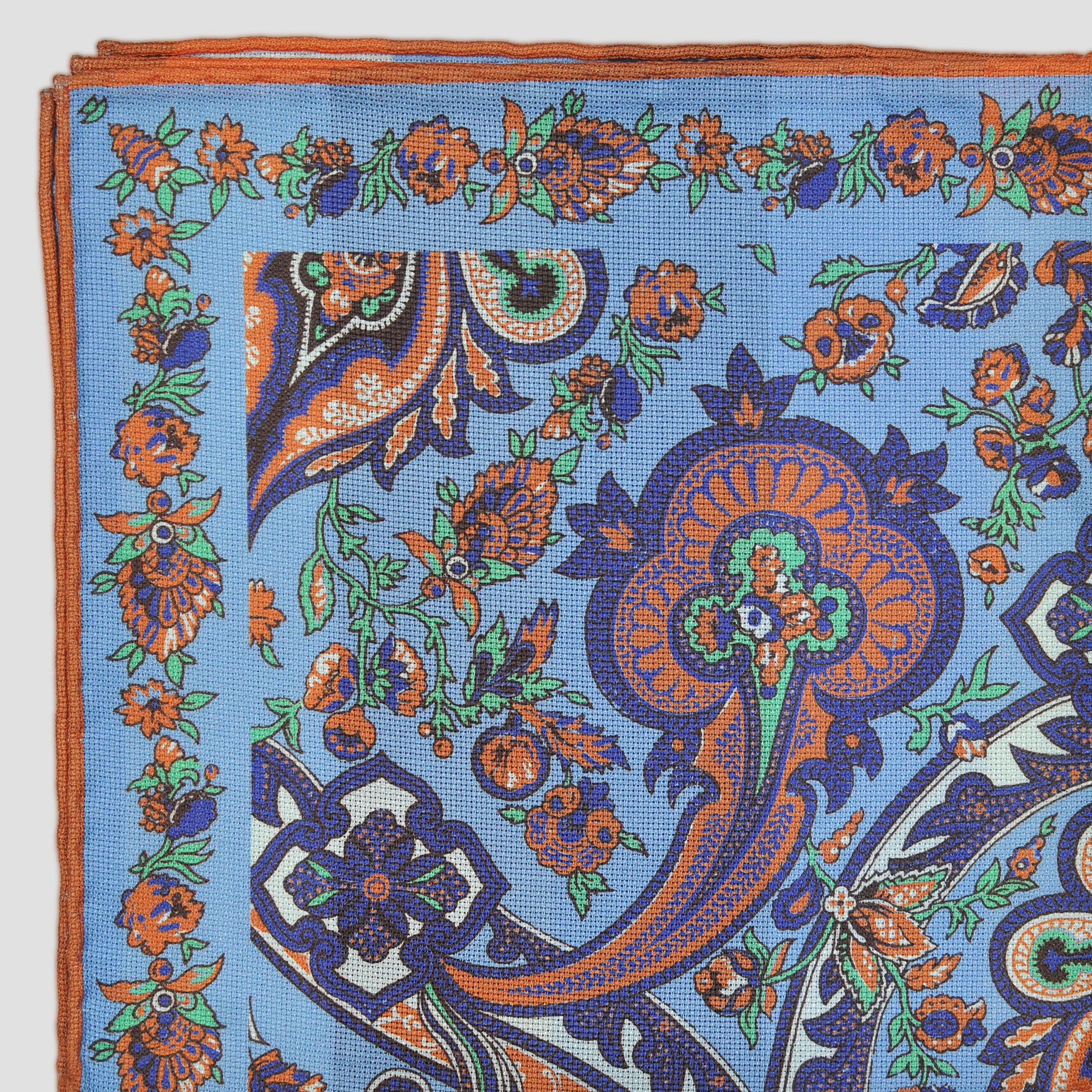 Florets & Stripes Reversible Panama Silk Pocket Square in Blue & Brown & Orange