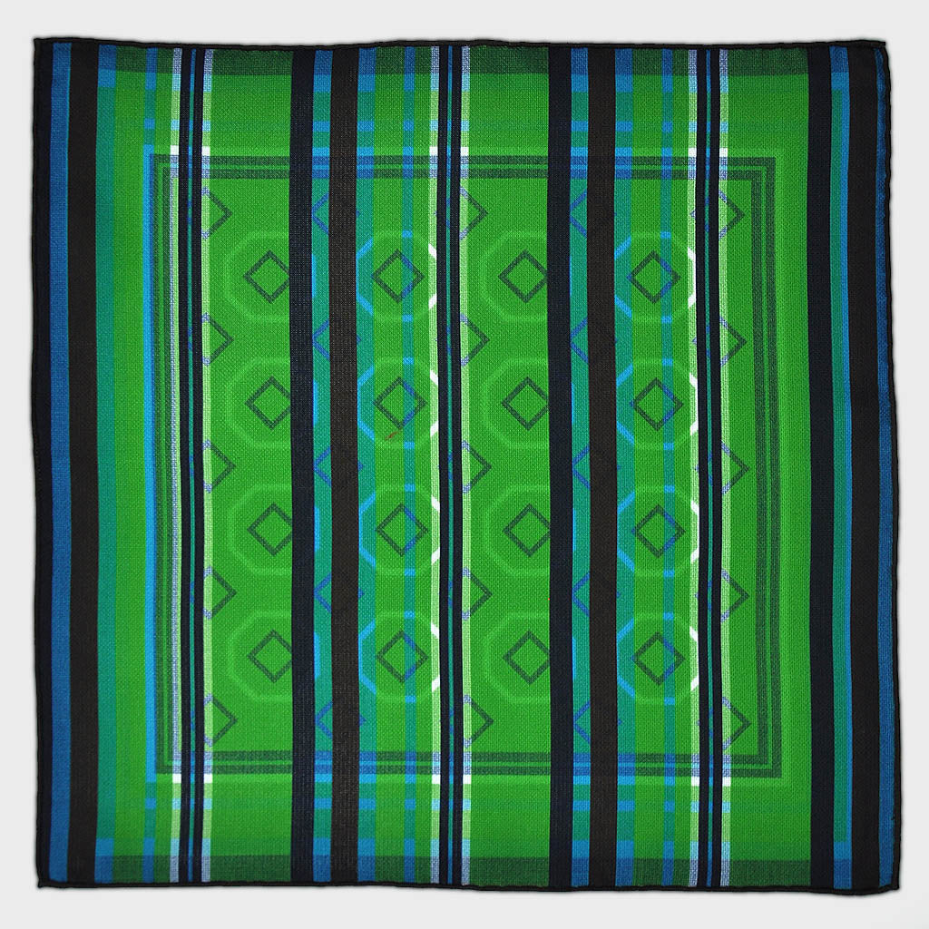 Geo's & Stripes Reversible Panama Silk Pocket Square in Blue & Green