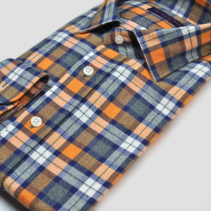 Semi-Spread Collar Thick Brush Cotton Shirt in Orange & Blue & Grey