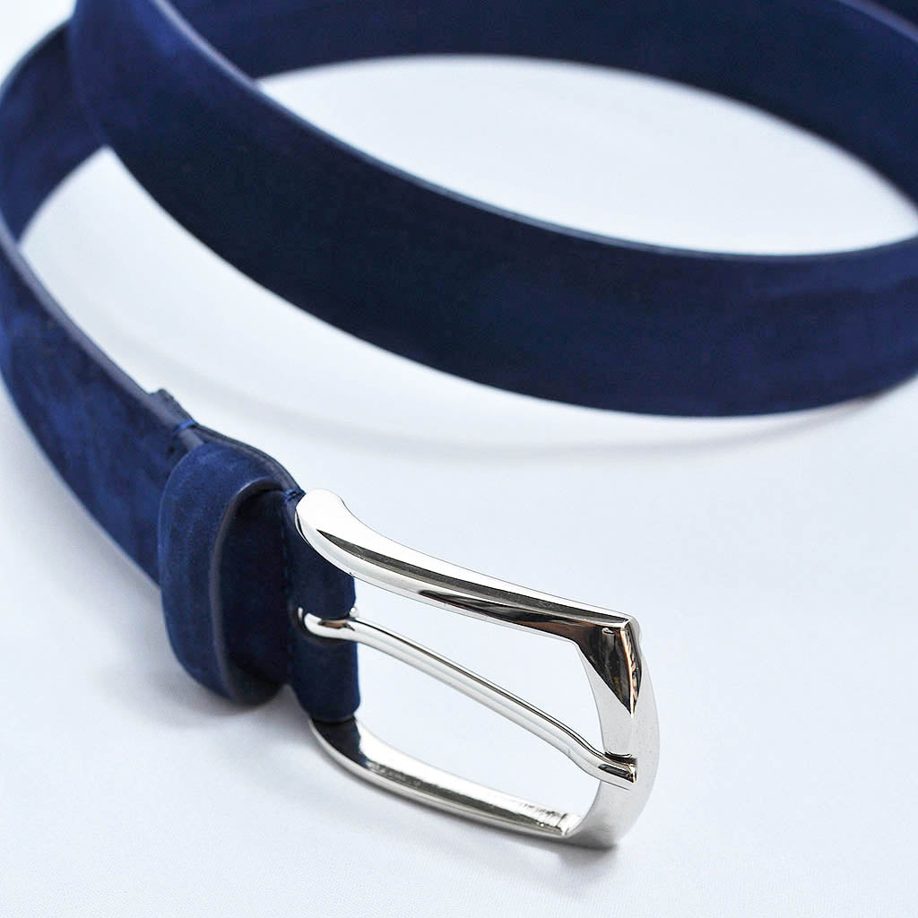Blue Nubuck Leather Belt with Brass Buckle