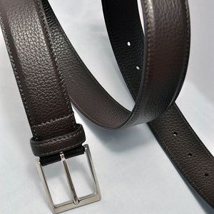 Brown Flat Grain Leather Belt with Brass Buckle