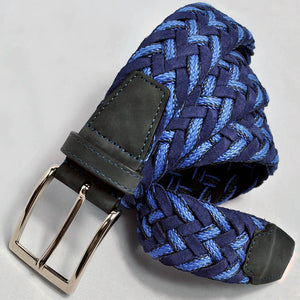 Navy & Blue Wide Woven Belt with Leather Trim & Brass Buckle