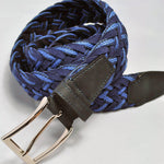 Navy & Blue Wide Woven Belt with Leather Trim & Brass Buckle
