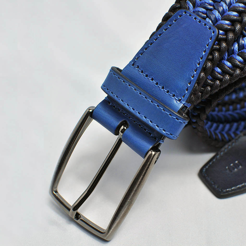 Midnight & Royal Blue Woven Belt with Leather Trim & Brass Buckle