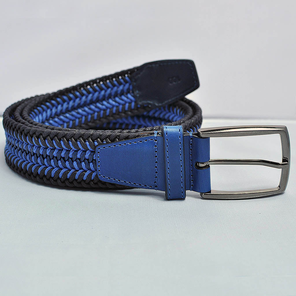 Midnight & Royal Blue Woven Belt with Leather Trim & Brass Buckle