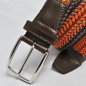 Orange & Brown Woven Belt with Leather Trim & Brass Buckle