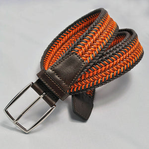 Orange & Brown Woven Belt with Leather Trim & Brass Buckle
