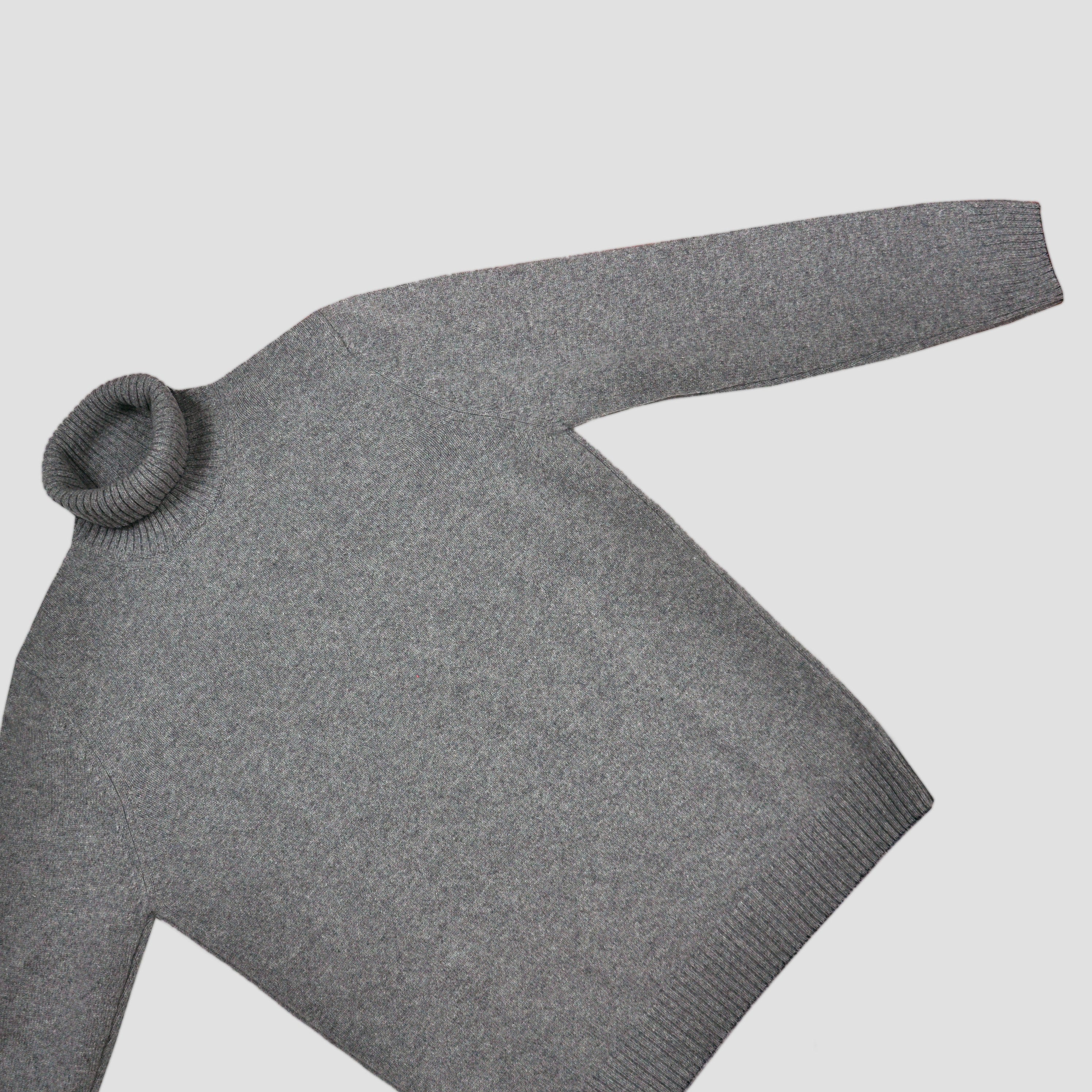 Merino Wool Roll Neck in Grey with Navy Trim