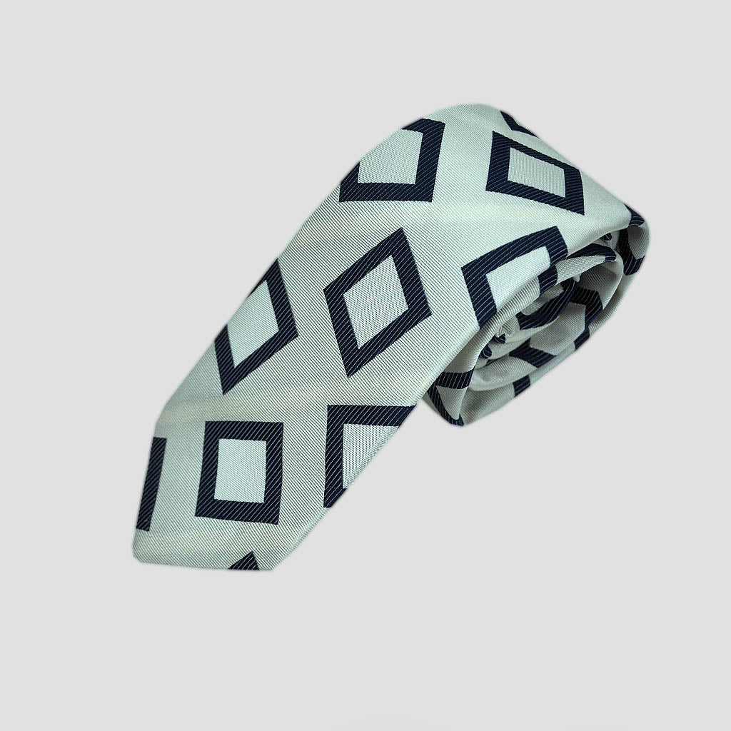 English Woven Silk Funky Geo's Tie in White & Blue