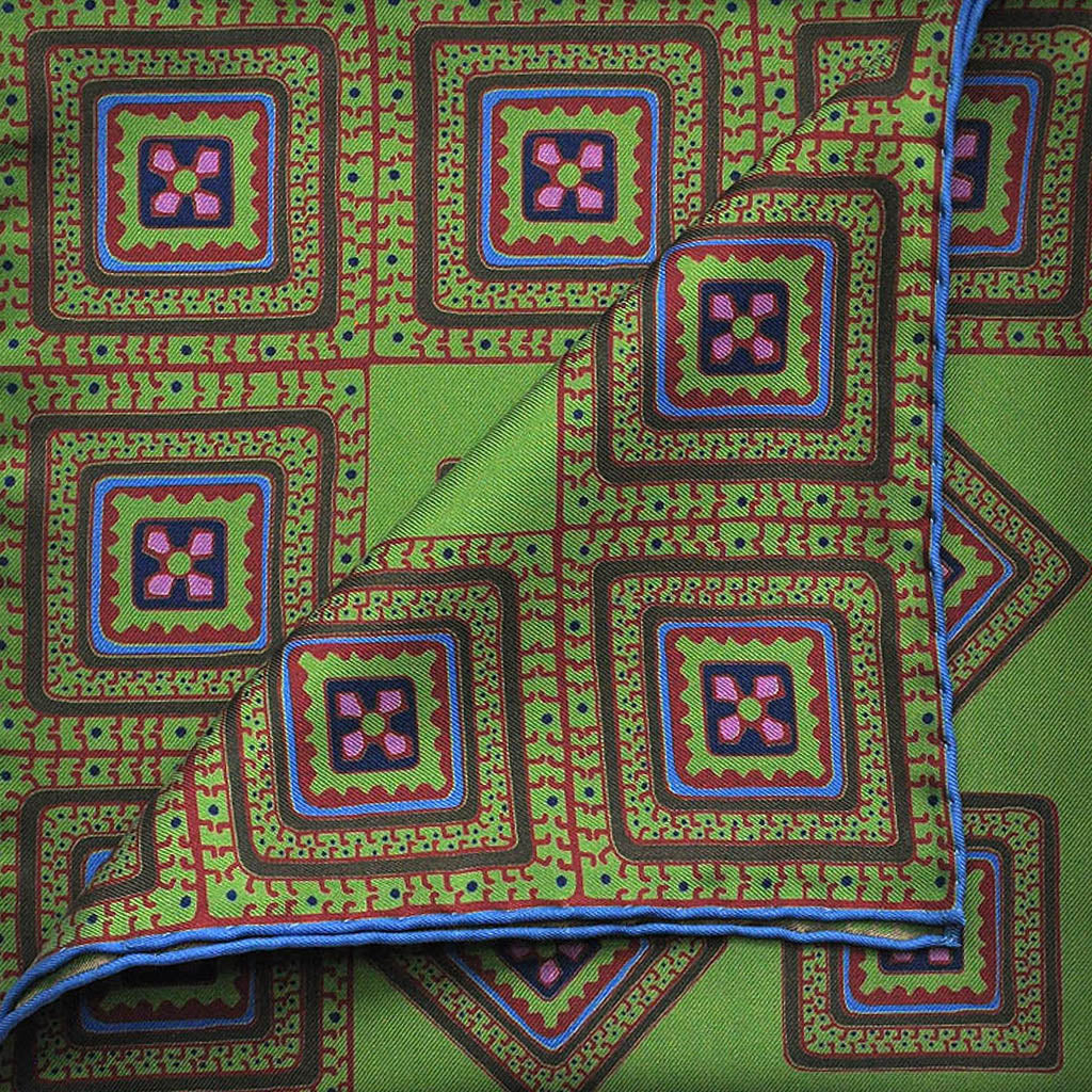 English Silk Groovy Aztec Pocket Square in Lime & Claret