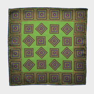English Silk Groovy Aztec Pocket Square in Lime & Claret