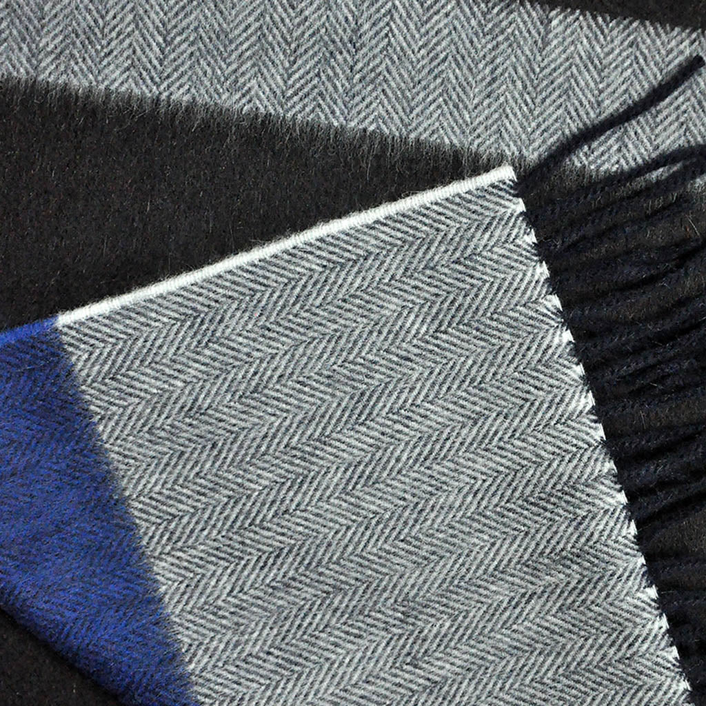 Herring Bone Colour Bands Wool Scarf in Grey, Brown & Blue