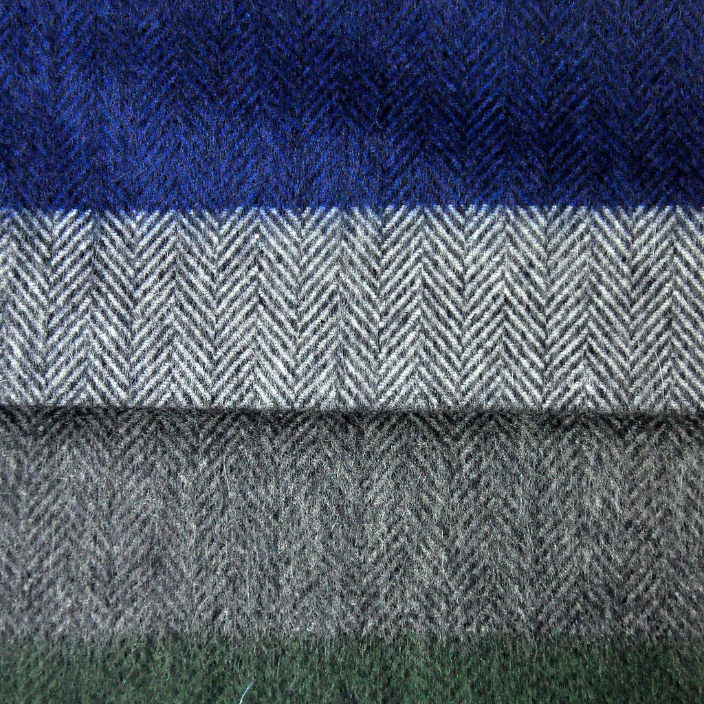 Herring Bone Colour Bands Wool Scarf in Grey, Green & Blue